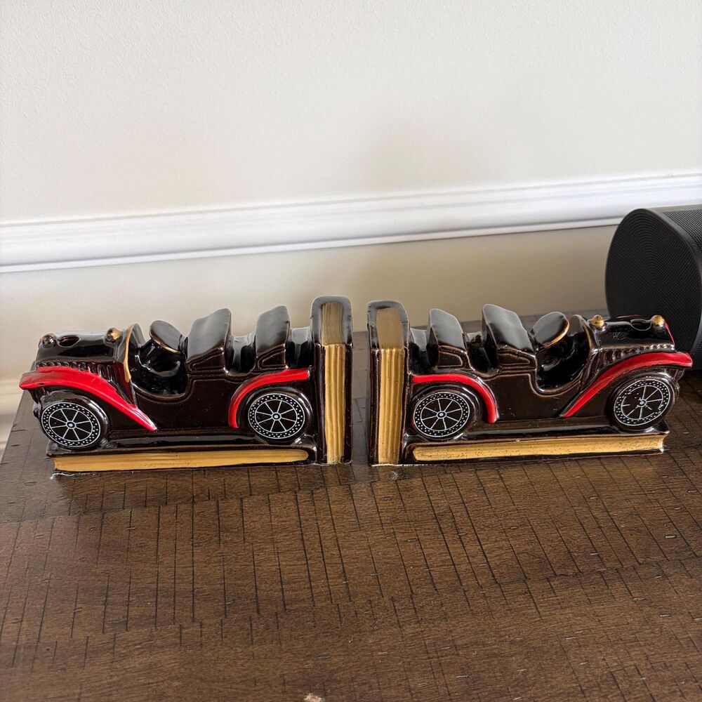 Vintage Ceramic Antique Classic Car Bookends Pair Made in Japan Red Black Gold